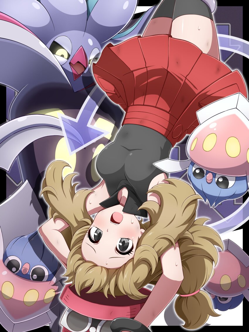 1girl :o absurdres blonde_hair blush bracelet breasts collared_shirt commentary_request evolutionary_line eyelashes gen_6_pokemon grey_eyes hat highres inkay jewelry long_hair malamar nintendo open_mouth pink_hat pleated_skirt pokemon pokemon_(creature) pokemon_xy popped_collar raised_eyebrows red_skirt serena_(pokemon) shabana_may shirt sidelocks skirt sunglasses sweat teeth thighhighs upper_teeth_only upside-down white-framed_eyewear
