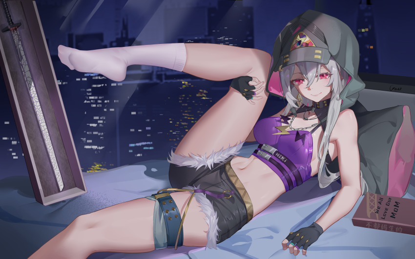 1girl absurdres comet-c feet fingerless_gloves gloves grey_hair highres hood light_smile long_hair looking_at_viewer original red_eyes short_shorts shorts socks soles sword weapon white_socks
