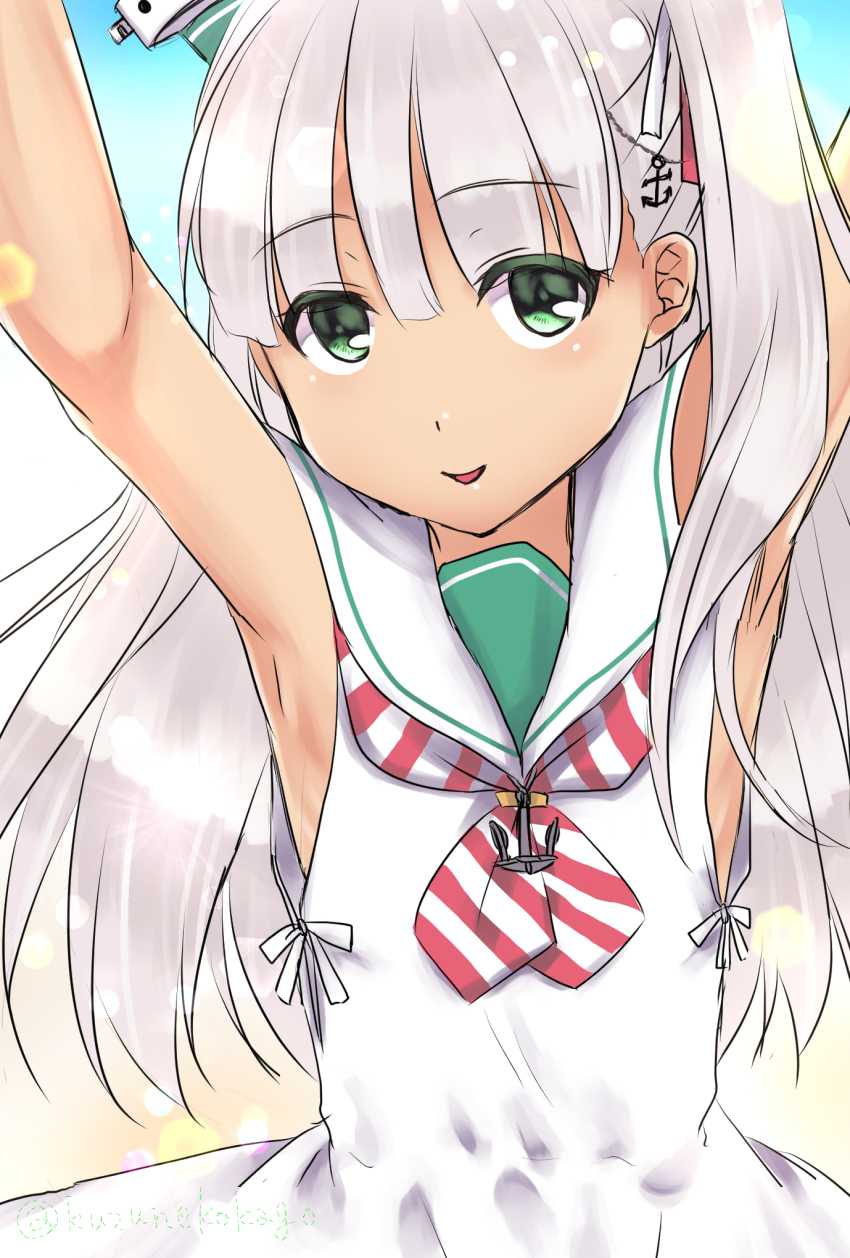 1girl anchor_hair_ornament armpits arms_up dress green_eyes grey_hair hair_ornament highres kantai_collection long_hair looking_at_viewer low-cut_armhole maestrale_(kancolle) neckerchief one-hour_drawing_challenge one_side_up sailor_dress shizukuneko sleeveless sleeveless_dress solo striped_neckerchief upper_body white_dress