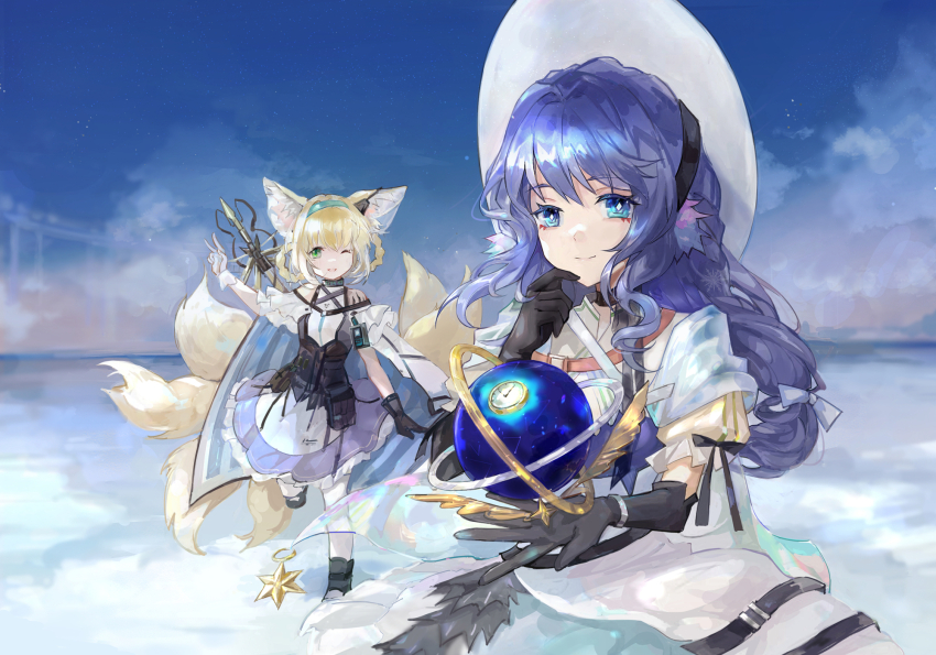2girls animal_ears arknights astesia_(arknights) astesia_(starseeker)_(arknights) asymmetrical_gloves bare_shoulders bird_ears black_gloves blue_eyes blue_hair boots bright_pupils celestial_globe choker cloak diamond-shaped_pupils diamond_(shape) dress elbow_gloves fox_ears fox_tail gloves green_eyes highres layered_dress looking_at_viewer material_growth mismatched_gloves multiple_girls multiple_tails object_floating_above_hand oripathy_lesion_(arknights) outdoors pantyhose qianzhu sky smile star_(sky) star_(symbol) starry_sky suzuran_(arknights) symbol-shaped_pupils tail white_dress white_pantyhose white_pupils