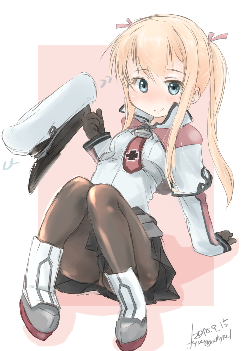 1girl black_gloves black_pantyhose black_skirt blonde_hair breasts celtic_knot cross dated full_body fyuo gloves graf_zeppelin_(kancolle) grey_eyes hat highres iron_cross kantai_collection long_hair medium_breasts military_uniform panties panties_under_pantyhose pantyhose pantyshot peaked_cap shadow shirt sidelocks sitting skirt solo twintails twitter_username two-tone_background underwear unworn_hat unworn_headwear white_footwear white_shirt