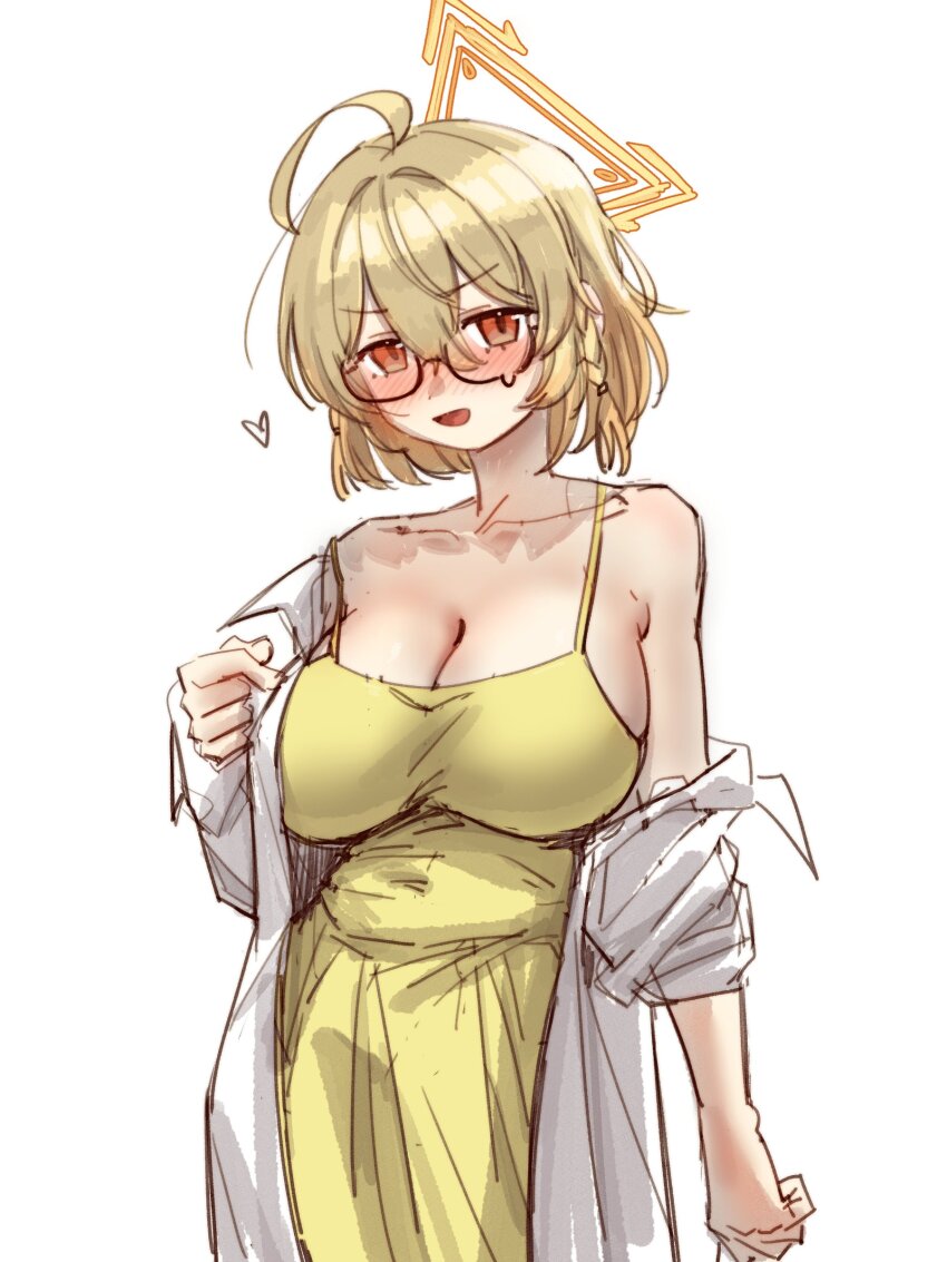 1girl ahoge armpit_crease bare_shoulders blonde_hair blue_archive blush braid breasts cleavage collarbone covered_navel dot_nose dress hair_between_eyes halo heart hobgoblin-kim jacket kotori_(blue_archive) large_breasts looking_at_viewer off_shoulder open_clothes open_jacket open_mouth orange_eyes semi-rimless_eyewear short_hair smile solo spaghetti_strap teardrop-framed_glasses white_background white_jacket yellow_dress yellow_halo