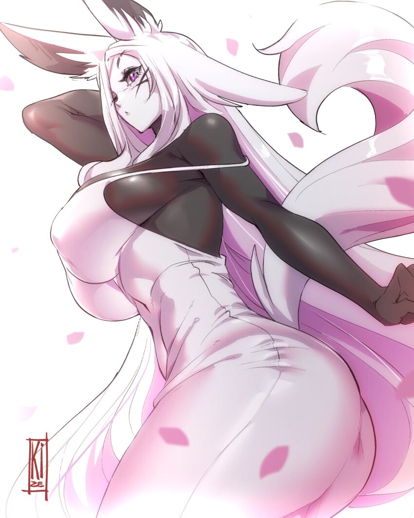 1girl :o absurdres animal_ears arm_behind_head artist_name ass black_bodysuit bodysuit breasts cowboy_shot dress dyarikku_(vtuber) facial_mark fox_ears fox_girl hair_over_one_eye highres indie_virtual_youtuber large_breasts long_hair nisego one_eye_closed purple_background purple_eyes see-through_silhouette sideboob simple_background skin_tight solo standing tail tight_clothes very_long_hair virtual_youtuber vyugen x x_facial_mark