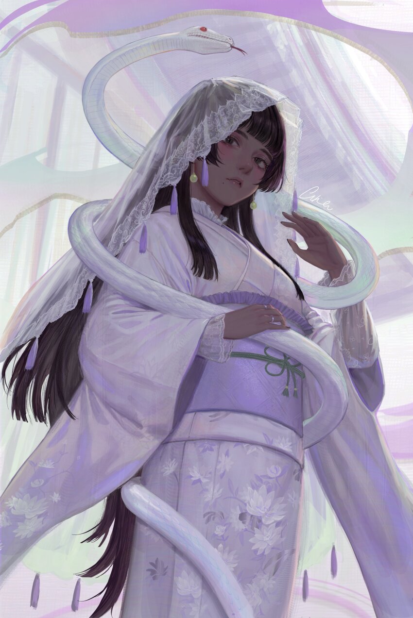 1girl absurdres black_eyes black_hair black_nails blush dark-skinned_female dark_skin earrings floral_print floral_print_kimono highres japanese_clothes jewelry kimono lips long_hair mole mole_under_mouth obi original parted_lips print_kimono purple_kimono purple_theme ring sash scales signature slit_pupils snake solo tassel usukuchi_(impasto_life) veil very_long_hair white_snake wide_sleeves