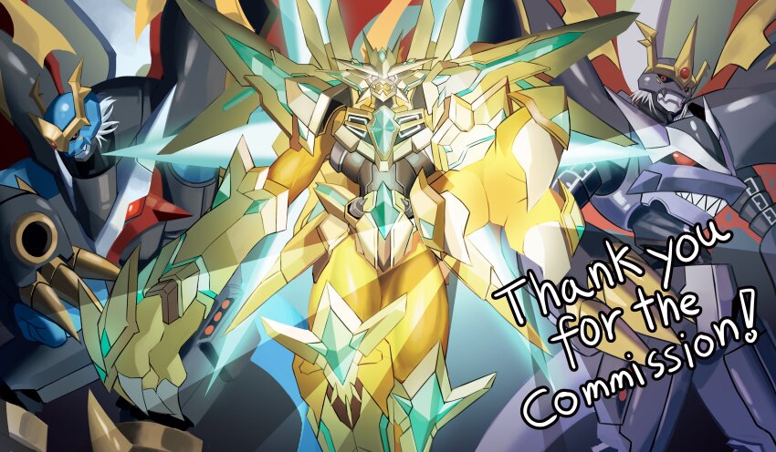 10_09hwan absurdres arm_cannon armor black_armor blue_skin colored_skin commission digimon digimon_(creature) evolutionary_line gold_armor grey_hair group_picture highres imperialdramon imperialdramon_fighter_mode imperialdramon_fighter_mode_(black) magnamon magnamon_x-antibody official_alternate_costume red_eyes short_hair weapon yellow_skin