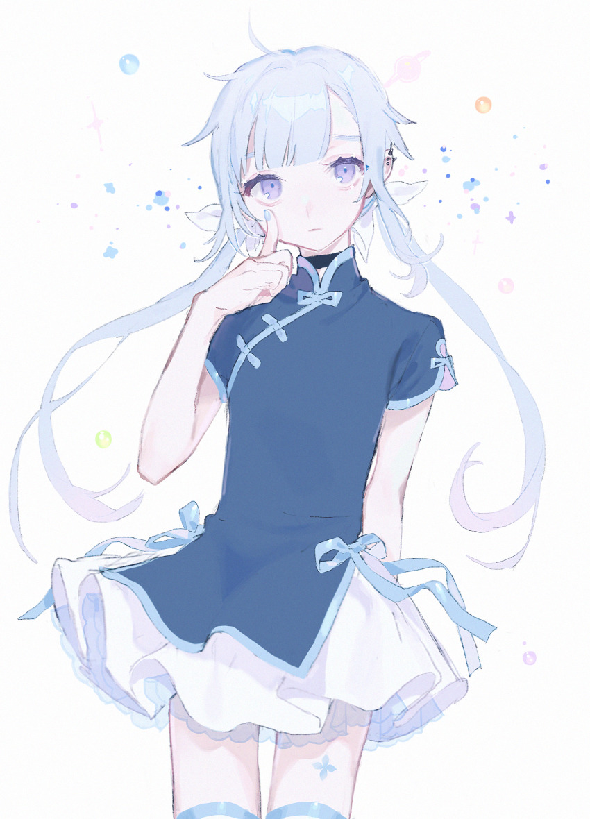 1boy amane_louis aqua_hair blue_shirt blunt_bangs bow bubble crossdressing hair_bow highres leg_tattoo male_focus miniskirt niru_u purple_eyes ribbon saturn_symbol shirt skirt tattoo thighhighs trap twintails utau white_thighhighs