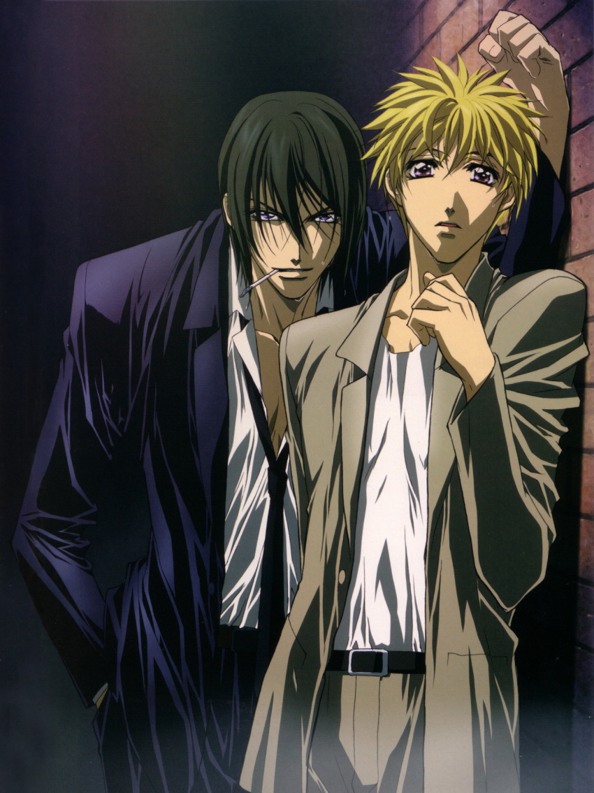 2boys amano_ginji arm_up belt belt_buckle black_hair black_necktie blonde_hair brick_wall brown_eyes brown_jacket brown_pants buckle cigarette collarbone collared_shirt formal_clothes getbackers hair_between_eyes hand_in_pocket highres jacket long_hair long_sleeves looking_at_viewer male_focus midou_ban mouth_hold multiple_boys nakajima_atsuko necktie open_clothes open_jacket pants purple_eyes purple_jacket scan shirt suit sweatdrop upper_body white_shirt wing_collar