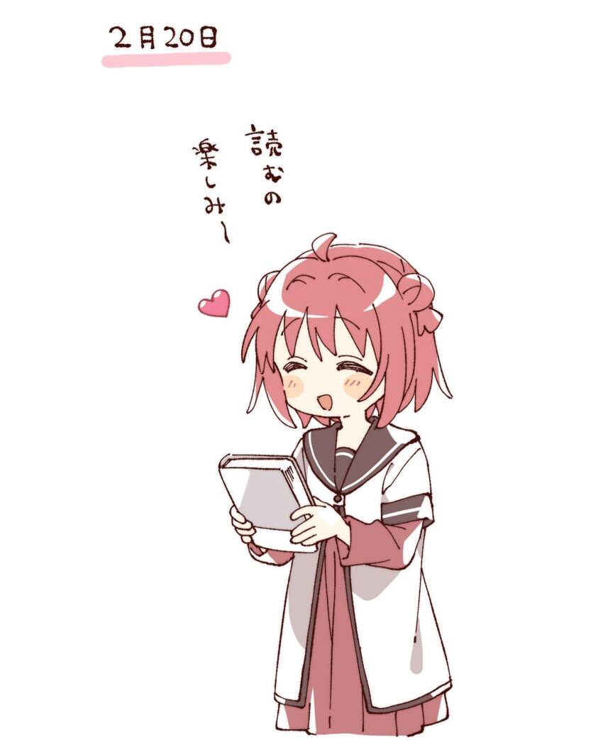 1girl :d ^_^ ahoge akaza_akari blush_stickers book brown_sailor_collar closed_eyes commentary_request cropped_torso double_bun dress hair_bun heart highres holding holding_book layered_sleeves long_sleeves namori nanamori_school_uniform open_mouth red_dress red_hair sailor_collar school_uniform shirt short_hair short_over_long_sleeves short_sleeves simple_background smile solo translation_request white_background white_shirt yuru_yuri