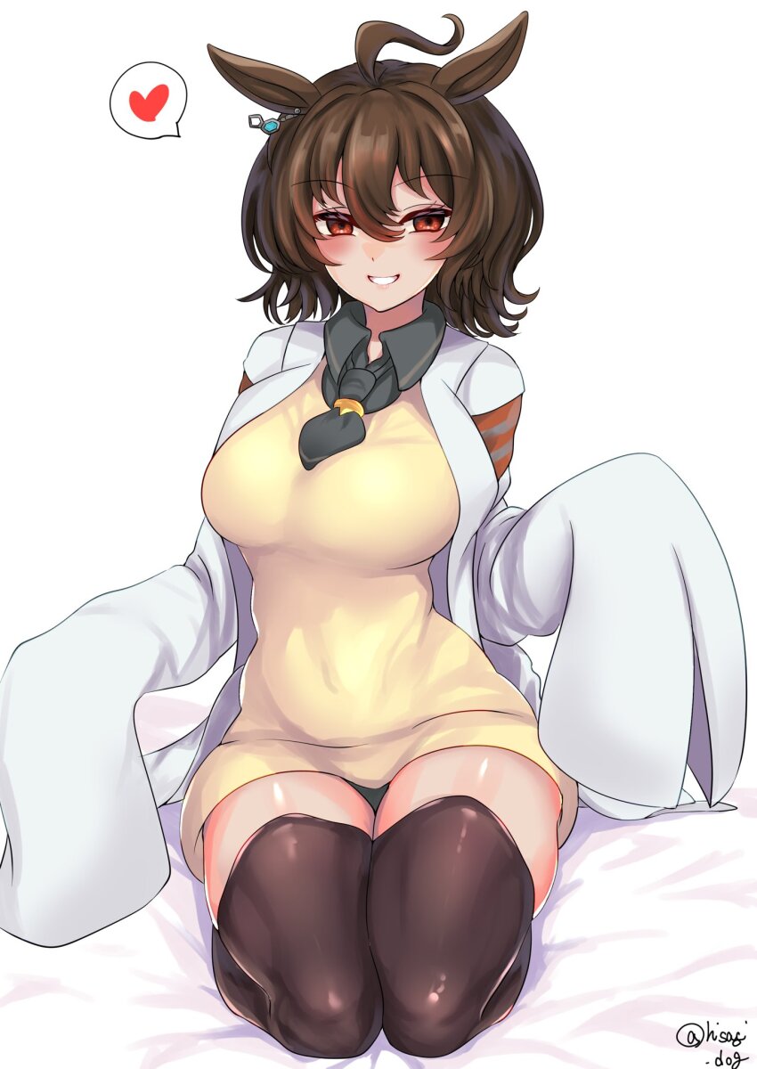 1girl agnes_tachyon_(umamusume) ahoge alternate_legwear animal_ears black_necktie black_panties black_shirt blush breasts brown_hair brown_thighhighs cardigan coat commentary_request earrings full_body grin hair_between_eyes heart highres hisagi_(hisagi00) horse_ears jewelry large_breasts long_sleeves looking_at_viewer medium_hair necktie no_pants open_clothes open_coat panties seiza shirt simple_background sitting sleeves_past_fingers sleeves_past_wrists smile solo spoken_heart thighhighs umamusume underwear white_background white_coat yellow_cardigan