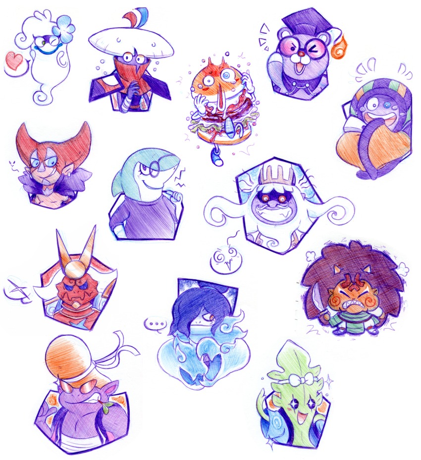 ... 10s aniki_(youkai_watch) bandages bear blue_lips character_request clenched_teeth colored_skin demon devibiran flower food ghost green_eyes hair_flower hair_ornament hair_over_one_eye burger happi hat heart highres japanese_clothes kflamingo mortarboard oburger orange_hair orochi_(youkai_watch) oshisshou pointy_ears pompadour purple_skin sandogasa shark sharp_teeth shoubushi simple_background smile steve_jaws ^^^ teeth unchikuma upper_body wakame-kun whisper_(youkai_watch) white_background traditional_youkai youkai_watch