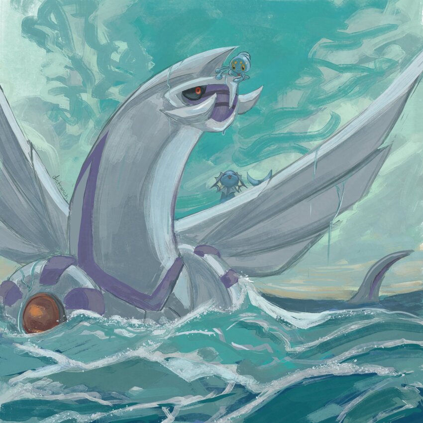 blue_sky cloud day dietranch gen_1_pokemon gen_4_pokemon highres legendary_pokemon manaphy mythical_pokemon nintendo no_humans outdoors palkia pokemon pokemon_(creature) sky vaporeon water