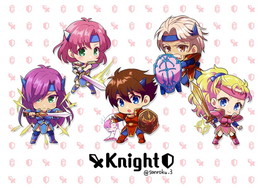 2boys 3girls armor bartz_klauser blonde_hair blue_eyes blue_footwear blue_headband boots brown_eyes brown_hair chibi facial_hair faris_scherwiz final_fantasy final_fantasy_v galuf_halm_baldesion grandfather_and_granddaughter green_eyes hair_bobbles hair_ornament hair_over_one_eye headband holding holding_shield holding_sword holding_weapon knight krile_mayer_baldesion_(ff5) lenna_charlotte_tycoon light_blush long_hair looking_at_viewer motion_lines multiple_boys multiple_girls mustache old old_man open_mouth parted_bangs pink_boots pink_hair ponytail purple_hair red_armor red_footwear sanroku_3 shield short_hair shoulder_armor smile sparkle sword twitter_username weapon white_hair white_mage_(final_fantasy)