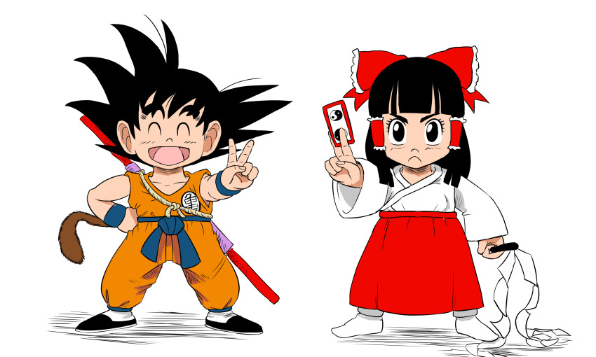 1boy 1girl arbizo between_fingers black_eyes black_hair bow commentary crossover dougi dragon_ball dragon_ball_(classic) english_commentary gohei hair_bow hair_tubes hakurei_reimu hakurei_reimu_(pc-98) hand_on_own_hip highres holding japanese_clothes kimono long_hair long_sleeves miko monkey_boy ofuda ofuda_between_fingers open_mouth orange_pants orange_shirt pants parody puffy_pants red_bow red_skirt shirt short_hair simple_background skirt sleeveless sleeveless_shirt smile son_goku spiked_hair style_parody tail tatsuo_(isekai_kita_node_sukebe_skill_de_zenryoku_ouka_shiyou_to_omou) toriyama_akira_(style) touhou touhou_(pc-98) v wide_sleeves