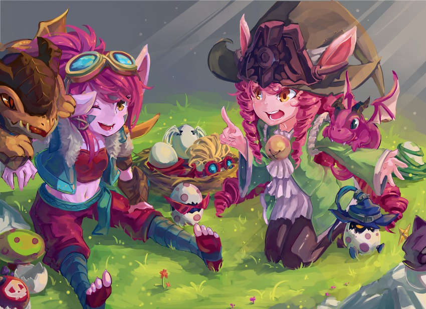 3girls 6+boys :d ;d alternate_hair_color amumu bad_id bad_pixiv_id bell black_legwear blue_legwear bomb brown_eyes colored_skin corki dragon dragon_tamer_lulu dragon_tamer_tristana dragon_trainer_lulu dragon_trainer_tristana drill_hair egg explosive goggles goggles_on_head grass hat hatching heimerdinger highres index_finger_raised jingle_bell kennen kneeling kurokitsune_(float0108) league_of_legends lulu_(league_of_legends) multiple_boys multiple_girls mushroom navel nest one_eye_closed open_mouth outdoors pink_hair poppy_(league_of_legends) purple_skin rumble_(league_of_legends) shuriken sitting smile sunglasses super_galaxy_rumble teemo toes tristana tristana_(league_of_legends) veigar weapon witch_hat yellow_eyes yordle ziggs