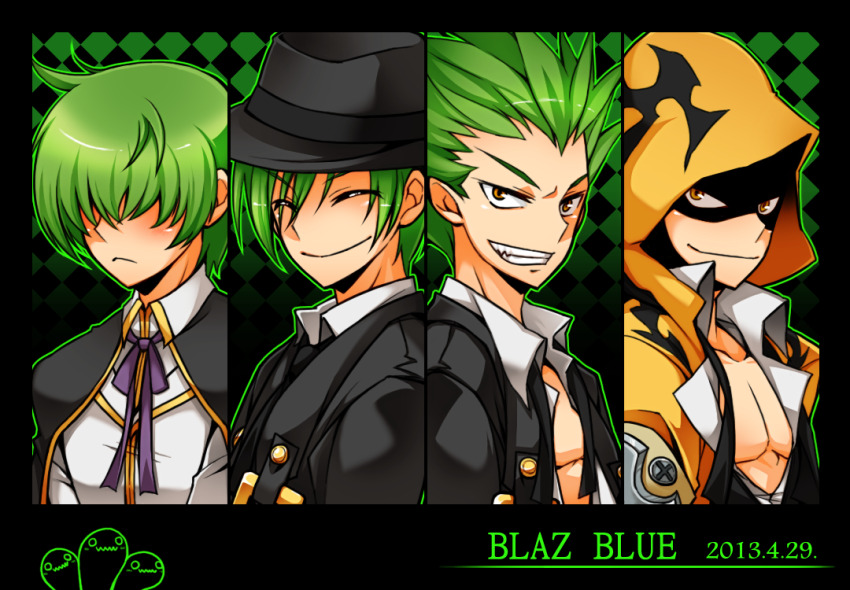3boys black_jacket blazblue closed_eyes dated eyes_in_shadow fedora formal_clothes frown green_hair green_outline hair_over_eyes hat hazama hood jacket kazuma_kuvaru letterboxed looking_at_viewer male_focus multiple_boys multiple_persona open_clothes open_shirt outline portrait puchi-pochi shirt short_hair smile white_shirt yellow_eyes yellow_hood yuuki_terumi