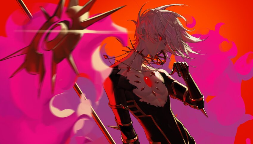 1boy absurdres bishounen brahmastra_(fate/apocrypha) chest_jewel collar fate/grand_order fate_(series) glowing glowing_eye highres indian_clothes jewelry karna_(fate) kavacha_(fate) kundala_(fate) male_focus pale_skin short_hair snacks00 solo spiked_collar spikes weapon white_hair