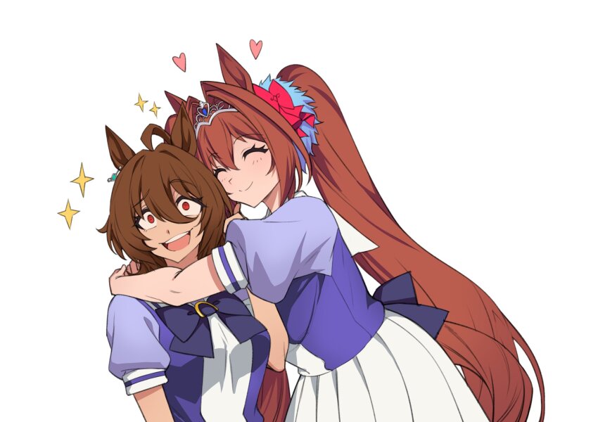 2girls agnes_tachyon_(umamusume) ahoge back_bow blue_gemstone bow bowtie brown_hair closed_eyes commentary daiwa_scarlet_(umamusume) earrings fukuro_(maruaru00) gem hair_between_eyes hair_intakes highres horse horse_girl horse_tail hug jewelry long_hair medalist_(manga) medium_hair meme multiple_girls open_mouth pleated_skirt pointing_with_thumb puffy_short_sleeves puffy_sleeves purple_bow purple_bowtie purple_shirt red_eyes sailor_collar sailor_shirt school_uniform shirt short_sleeves single_earring skirt smug_inori_(meme) sparkle summer_uniform tail teeth tiara tracen_school_uniform twintails umamusume upper_teeth_only very_long_hair white_skirt wolf_cut