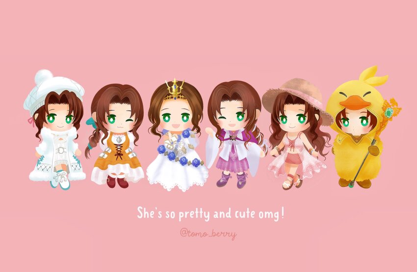 1girl aerith_gainsborough aerith_gainsborough_(chocobo_suit) aerith_gainsborough_(fairy_of_snowfall) aerith_gainsborough_(floral_gown) aerith_gainsborough_(garnet&#039;s_gown) aerith_gainsborough_(prism_dress) aerith_gainsborough_(sunny_robe) animal_hood aqua_ribbon aqua_socks bare_shoulders bird_hood blue_flower blue_rose blush bracelet braid braided_ponytail brown_hair chibi chibi_only chocobo chocobo_costume coat cosplay dress dress_flower english_text final_fantasy final_fantasy_vii final_fantasy_vii_ever_crisis final_fantasy_vii_remake flower full_body fur-trimmed_coat fur_trim garnet_til_alexandros_xvii garnet_til_alexandros_xvii_(cosplay) green_eyes hat high-low_skirt highres hood jewelry juliet_sleeves knit_sweater long_dress long_hair long_sleeves mascot_costume multiple_views official_alternate_costume onesie open_mouth orange_dress parted_bangs pink_background puffy_sleeves ribbon rose shirt sidelocks single_braid smile socks straw_hat sweater sweater_dress swimsuit tiara tomoberry twitter_username wavy_hair white_coat white_dress white_headwear white_shirt winter_clothes winter_coat yellow_hood