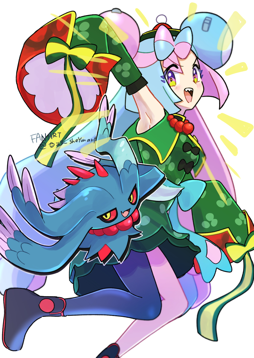 1girl absurdres flutter_mane highres iono_(fall_2024)_(pokemon) iono_(pokemon) jiangshi_costume long_hair low-tied_long_hair nintendo official_alternate_costume pokemon pokemon_(creature) pokemon_masters_ex sheyona