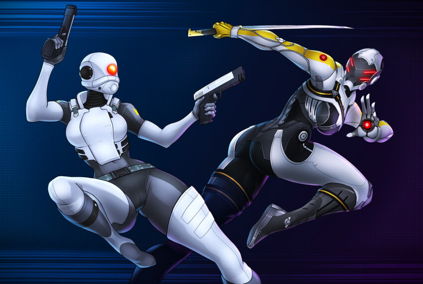 2girls arm_cannon armored_bodysuit ass battle black_bodysuit bodysuit breasts cerberus_phantom combine_assassin commentary crossover dual_wielding english_commentary finger_on_trigger glowing glowing_eyes gradient_background gun half-life half-life_(series) half-life_2 handgun helmet holding large_breasts mass_effect_(series) mass_effect_3 multiple_girls ninjatou one-eyed red_eyes reverse_grip running short_sword spacemaxmarine sword trait_connection weapon