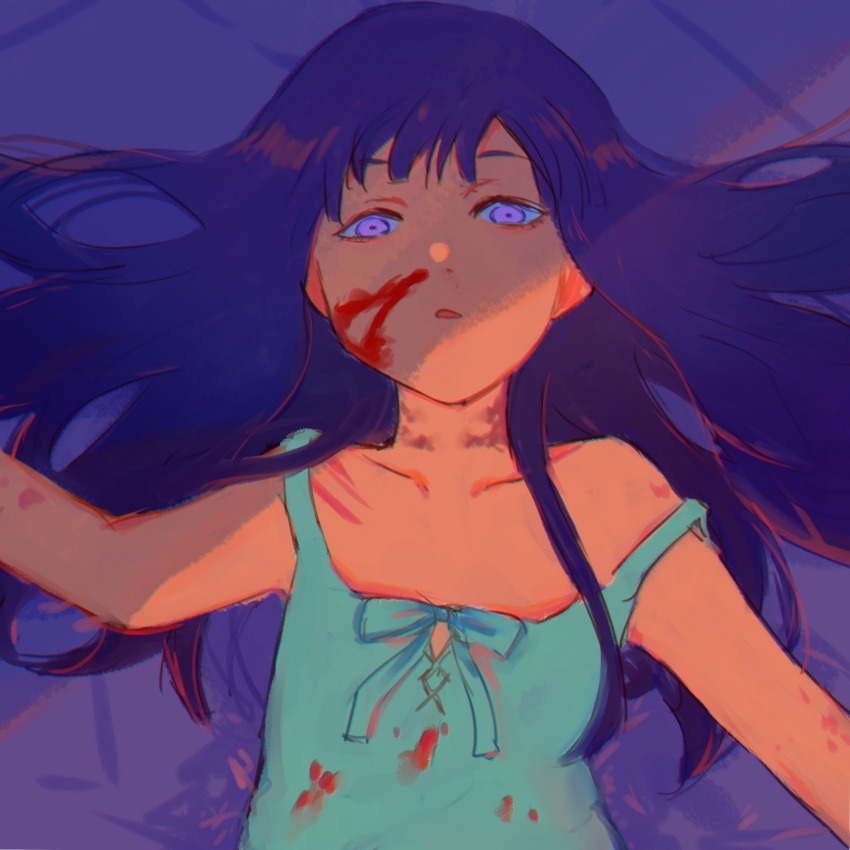 1girl bed_sheet blood blood_on_clothes blood_on_face blue_dress blue_hair bruise_on_neck collarbone dress furude_rika highres higurashi_no_naku_koro_ni long_hair looking_at_viewer lying nosebleed off_shoulder on_back parted_lips purple_eyes solo tedty33