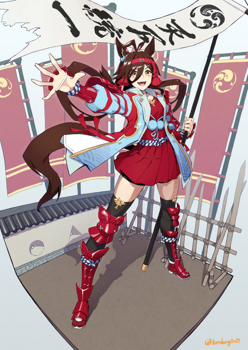 1girl animal_ears antenna_hair armor banner brown_eyes brown_hair collarbone fence full_body grin hair_between_eyes hair_ornament headband highres horse_ears horse_girl horse_tail jacket japanese_armor jinbaori long_hair looking_at_viewer low_twintails miniskirt no_reason_(umamusume) pleated_skirt red_skirt shoes signature skirt smile solo standing tail tenkey2022 thighhighs twintails umamusume white_background yellow_eyes