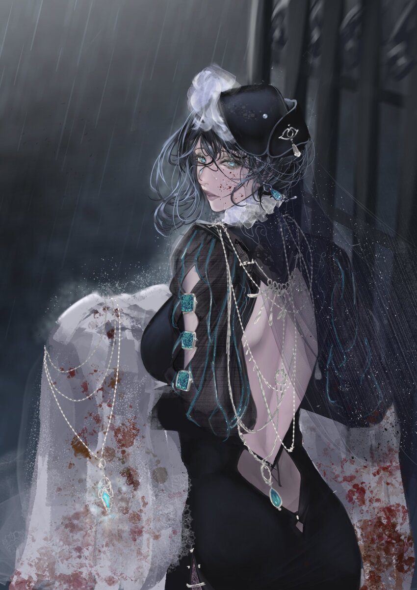 1girl aqua_eyes aqua_gemstone arm_cutout backless_dress backless_outfit black_dress black_hair black_hat blood blood_on_clothes blood_on_face bloody_clothes bloody_dress chlzi156543 collar dress earrings flower frilled_collar frills from_behind gem glowing glowing_eyes hashtag-only_commentary hat highres hobble_dress holding holding_unworn_clothes holding_unworn_dress jelena_(path_to_nowhere) jewelry juliet_sleeves long_dress long_sleeves looking_at_viewer looking_back necklace parted_lips path_to_nowhere puffy_sleeves rain solo tilted_headwear unworn_dress updo wet white_dress