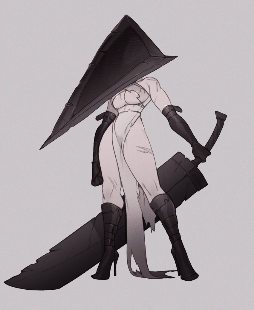1girl black_shoes boots breasts elbow_gloves full_body genderswap genderswap_(mtf) gloves great_knife helmet high_heel_boots high_heels highres holding holding_weapon object_head punipaws pyramid_(structure) pyramid_head shoes silent_hill_(series) silent_hill_2 simple_background solo sword weapon