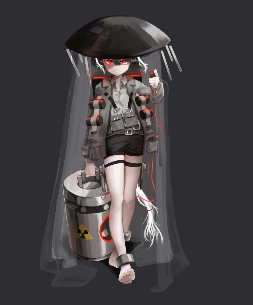 1girl absurdres arknights backpack bag barefoot belt black_hair black_shorts cuffs detonator doom-shroom dragging explosive female_focus fungus glowing glowing_eyes grenade grey_jacket grey_shirt headgear highres jacket multiple_belts mushroom mushroom_girl nuclear_weapon open_clothes open_jacket pale_skin personification plants_vs_zombies pompmaker1 pouch radiation_symbol red_eyes shackles shirt shorts simple_background solo thigh_strap veil wire