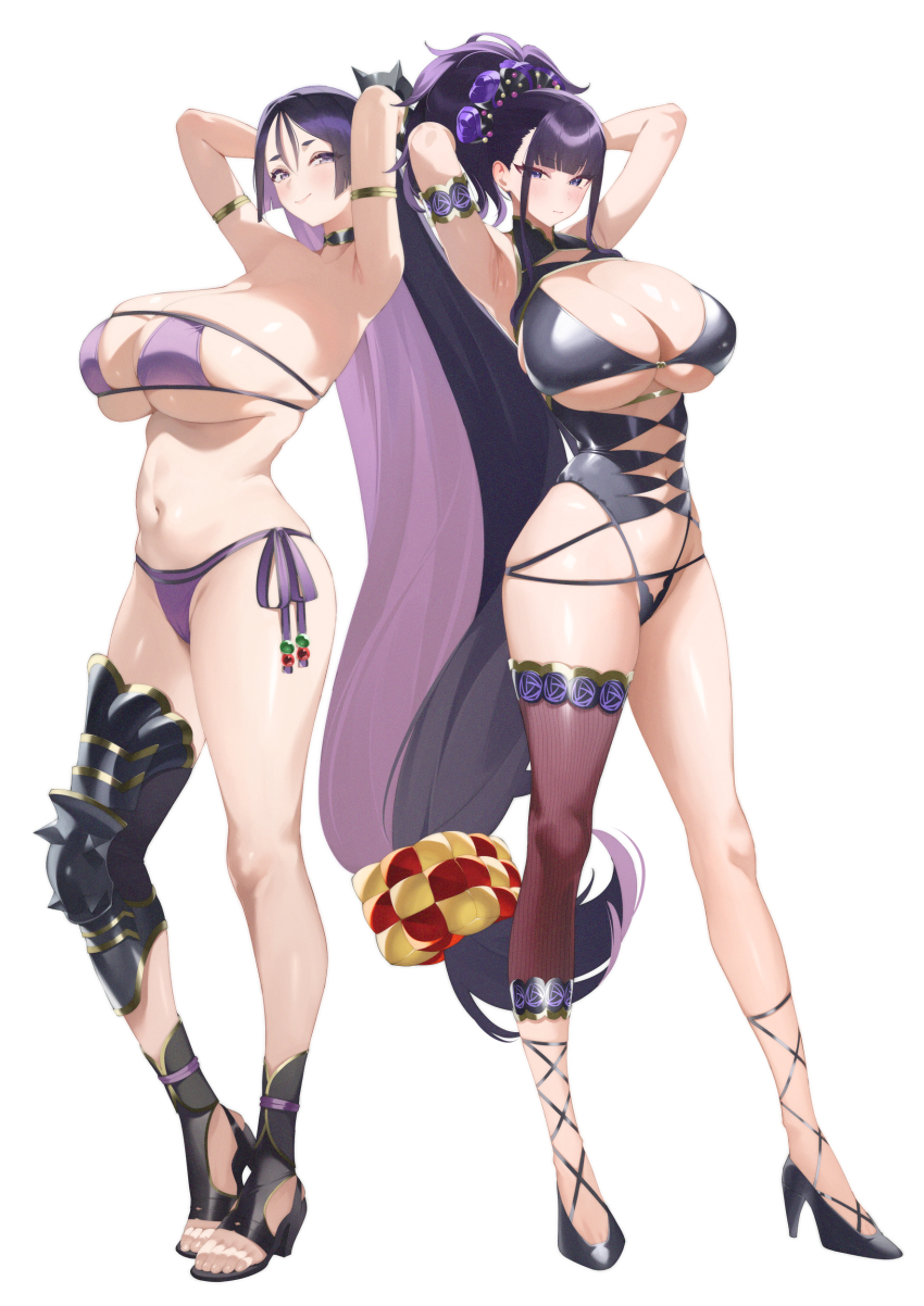 2girls absurdres arm_guards armlet armor armpits arms_up bare_shoulders beads bikini black_one-piece_swimsuit blue_eyes blush breasts choker cleavage closed_mouth collarbone diagonal_bangs eyepatch_bikini fate/grand_order fate_(series) full_body greaves high_heels highres huge_breasts jewelry kurozawa_yui long_hair looking_at_viewer low-tied_long_hair minamoto_no_raikou_(fate) minamoto_no_raikou_(fate/grand_order) minamoto_no_raikou_(swimsuit_lancer)_(fate) minamoto_no_raikou_(swimsuit_lancer)_(third_ascension)_(fate) multiple_girls murasaki_shikibu_(fate) murasaki_shikibu_(swimsuit_rider)_(fate) navel one-piece_swimsuit parted_bangs ponytail presenting_armpit purple_bikini purple_eyes purple_hair simple_background single_greave single_thighhigh smile standing swimsuit thighhighs thighs underboob very_long_hair white_background
