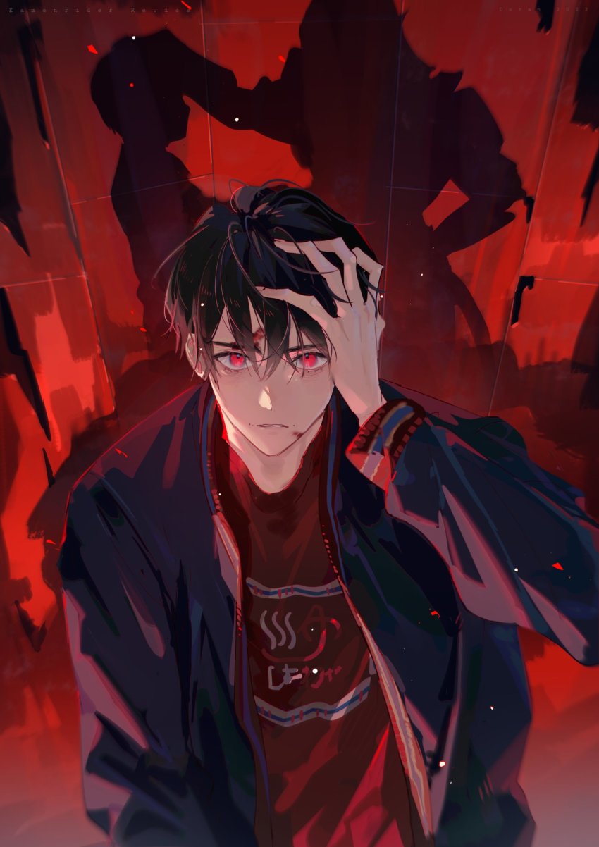 2boys after_battle aged_down aged_up black_jacket bruise bruise_on_face demon demon_tail doran_(doran7280) glowing glowing_eyes hand_in_own_hair highres igarashi_ikki injury jacket kamen_rider kamen_rider_revice multiple_boys pointy_ears red_background red_eyes red_shirt shadow shirt spoilers tail vice_(kamen_rider_revice)