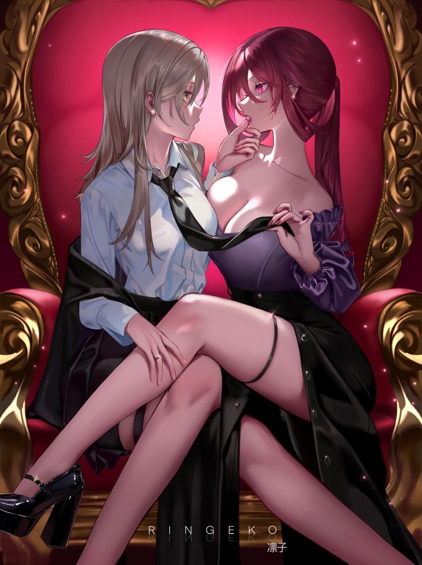 2girls absurdres artist_name bare_shoulders black_skirt blush breasts cleavage clothes_grab collared_bikini crossed_legs eye_contact frilled_shirt frills grabbing_another&#039;s_chin hand_on_another&#039;s_chin hand_on_another&#039;s_leg high_heels highres honkai:_star_rail honkai_(series) jewelry kafka_(honkai:_star_rail) large_breasts legs_on_another&#039;s_lap long_hair long_sleeves looking_at_another multiple_girls necktie necktie_grab neckwear_grab open_mouth purple_eyes purple_shirt red_hair ring ringeko-chan shirt sitting skirt stelle_(honkai:_star_rail) thigh_strap trailblazer_(honkai:_star_rail) white_shirt yellow_eyes yuri