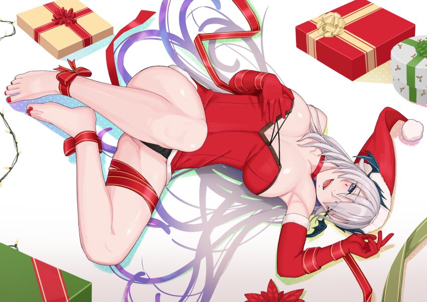1girl ankle_ribbon barefoot blue_eyes box breasts bright_pupils choker dress elbow_gloves feet gift gift_box gloves gradient_hair grey_hair hand_on_own_chest hat head_wings highres horizontal_pupils indie_virtual_youtuber kuon_bb leg_ribbon legs long_hair mole mole_under_mouth multicolored_hair nail_polish open_mouth pochimaru_(vtuber) pom_pom_(clothes) red_choker red_dress red_gloves red_hat red_nails red_ribbon redrawn ribbon santa_costume santa_dress santa_hat solo strapless strapless_dress teardrop_facial_mark tentacle_hair thigh_ribbon toenail_polish toenails toes virtual_youtuber white_pupils wings