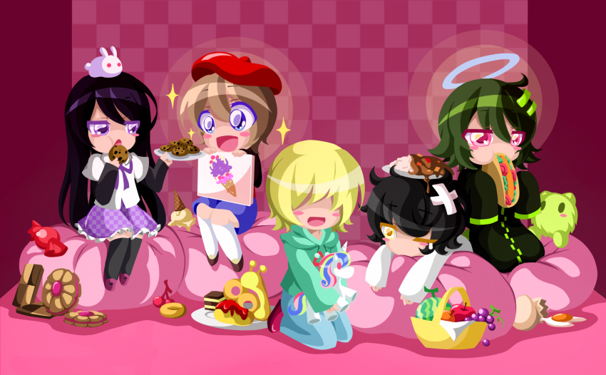 4girls a_(nostalgic) androgynous answered_prayers bandaid bean_bag bean_bag_chair beret black_hair blonde_hair blue_eyes blush_stickers broken_egg brown_hair cameo candy cookie drawing dreamarbleng egg fluorette food food_on_head fruit gaida glitter green_hair halo hat highres ice_cream ice_cream_cone irotsuki kamitsuki_(yume_shousen_mousou) kneeling long_sleeves lying multiple_girls my_little_pony nostalgic object_on_head on_stomach pink_eyes princess_celestia rabbit seiza sitting sleeves_past_wrists sometsuki ultra_violet_(game) yellow_eyes yume_shousen_mousou