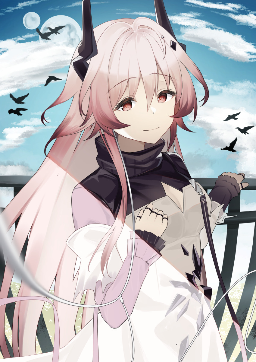1girl absurdres animal arknights bird black_horns blurry breasts cleavage cleavage_cutout closed_mouth clothing_cutout commentary day dress earphones hair_between_eyes highres horns jewelry listening_to_music long_hair long_sleeves medium_breasts moon multiple_moons multiple_rings nishimiya_aki outdoors pink_eyes pink_hair pov ring shared_earphones smile theresa_(arknights) turtleneck turtleneck_dress white_dress