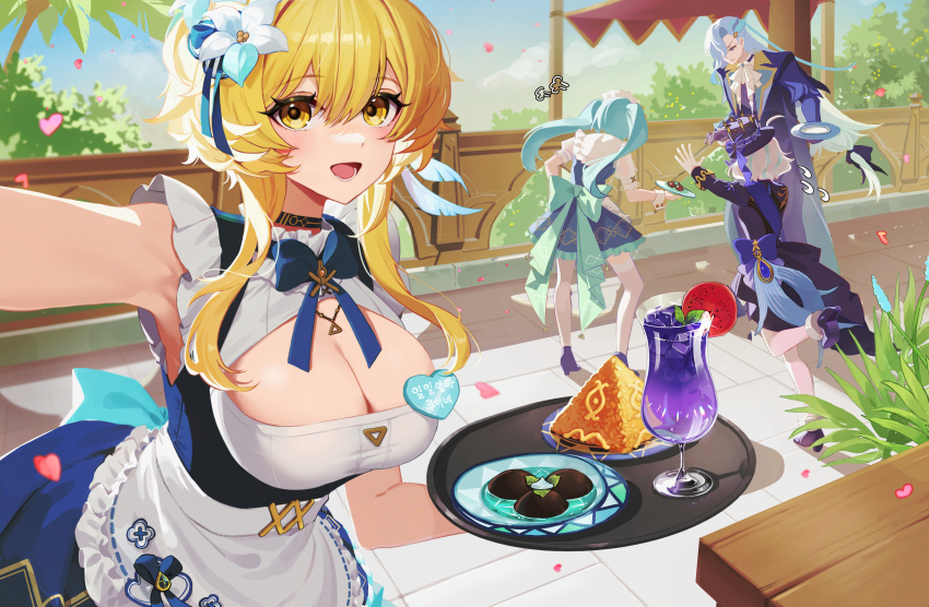 1boy 3girls absurdres alternate_costume apron aqua_bow aqua_hair blonde_hair blue_bow blue_bowtie blue_gemstone blue_hair blue_hat blush bow bowtie breasts cleavage commentary_request day dress duel_soul_(genshin_impact) enmaided faruzan_(genshin_cafe_in_seoul)_(genshin_impact) faruzan_(genshin_impact) frilled_apron frilled_hairband frills furina_(genshin_impact) gem genshin_impact hair_between_eyes hairband hat highres holding holding_tray huge_bow large_breasts long_hair looking_at_viewer lower_teeth_only lumine_(genshin_impact) maid maid_apron maid_headdress medium_hair multicolored_hair multiple_girls neuvillette_(genshin_impact) official_alternate_costume open_mouth outdoors outstretched_arm short_hair_with_long_locks sleeveless sleeveless_dress streaked_hair sugarcanedove teeth tray twintails very_long_hair waist_apron white_apron white_hair white_hairband white_wrist_cuffs wrist_cuffs yellow_eyes
