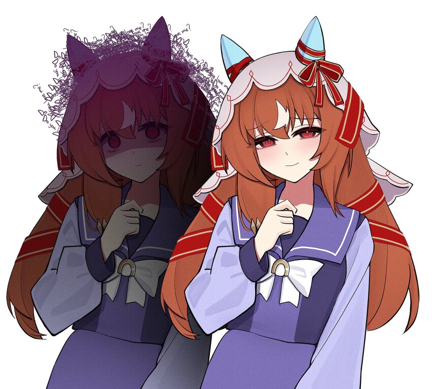 1girl animal_ears blush bow brown_hair closed_mouth hair_between_eyes highres horse_ears horse_girl long_hair looking_at_viewer purple_sailor_collar purple_shirt purple_skirt red_eyes sailor_collar school_uniform shaded_face shirt sidelocks silenzuka skirt smile staring still_in_love_(umamusume) tracen_school_uniform umamusume veil white_bow white_veil yandere