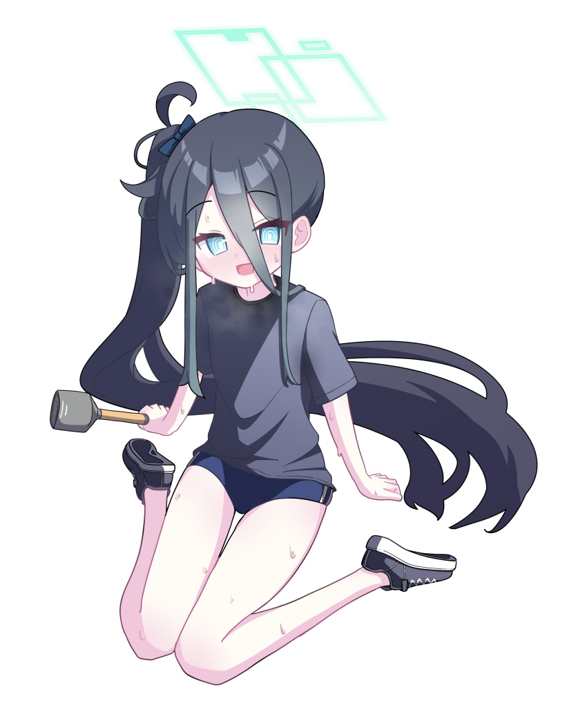 1girl 525_woiwo absurdres alternate_costume aqua_halo aris_(blue_archive) black_bow black_bowtie black_buruma black_hair black_shirt black_shorts blue_archive blue_eyes bow bowtie buruma commentary gym_uniform hair_between_eyes hair_bow hair_ornament halo hands_on_ground highres holding knees_together_feet_apart long_hair navel ponytail rectangular_halo shirt short_sleeves shorts smile solo sweat sweatdrop thighs very_long_hair white_background