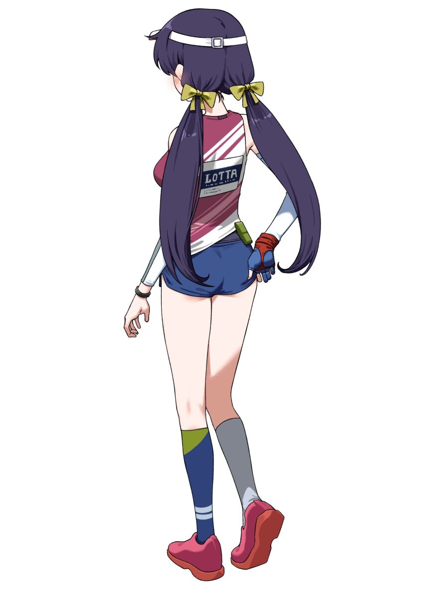 1girl adjusting_buruma adjusting_clothes artpatient blue_buruma blush bow buruma character_name ear_blush english_text fingerless_gloves from_behind full_body girls&#039;_frontline girls&#039;_frontline_2:_exilium gloves hair_bow headband highres lotta_(athletics_rookie)_(girls&#039;_frontline_2) lotta_(girls&#039;_frontline_2) low_twintails mismatched_socks official_alternate_costume purple_hair single_fingerless_glove single_glove socks solo standing thighs twintails white_background wristband yellow_bow
