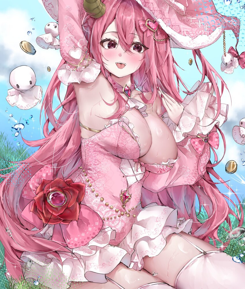 1girl absurdres aizumishina armpits arms_up blush bow breasts dress flower hair_bow hair_ornament hat heart heart_hair_ornament highres horns jewelry large_breasts long_hair open_mouth original pink_bow pink_dress pink_eyes pink_hair pink_hat pink_sleeves red_flower red_nails red_rose rose solo teruterubouzu thighhighs tongue tongue_out very_long_hair white_thighhighs witch_hat