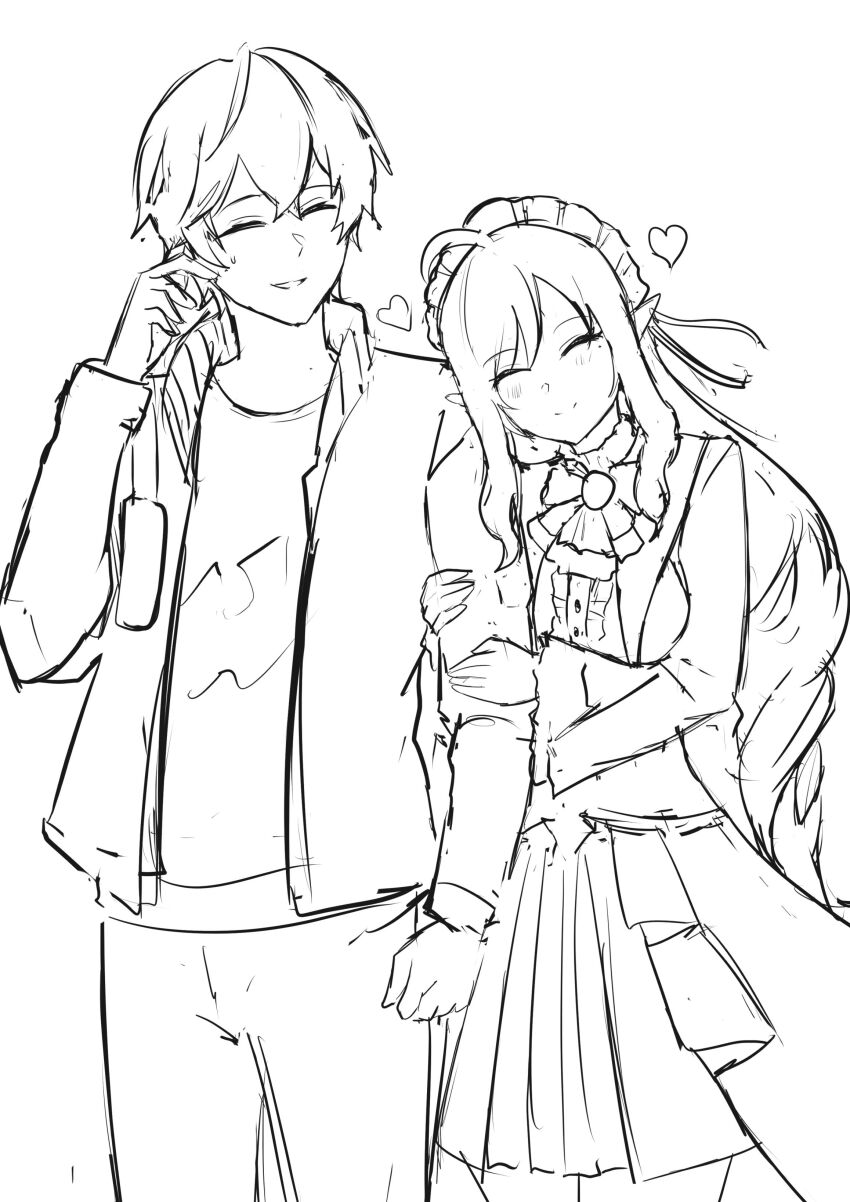 1boy 1girl absurdres arm_hug blush closed_eyes closed_mouth crossed_bangs greyscale hair_between_eyes highres hug jacket monochrome shirt simple_background sketch tian_kazuki vivian_banshee white_background wise_(zenless_zone_zero) zenless_zone_zero