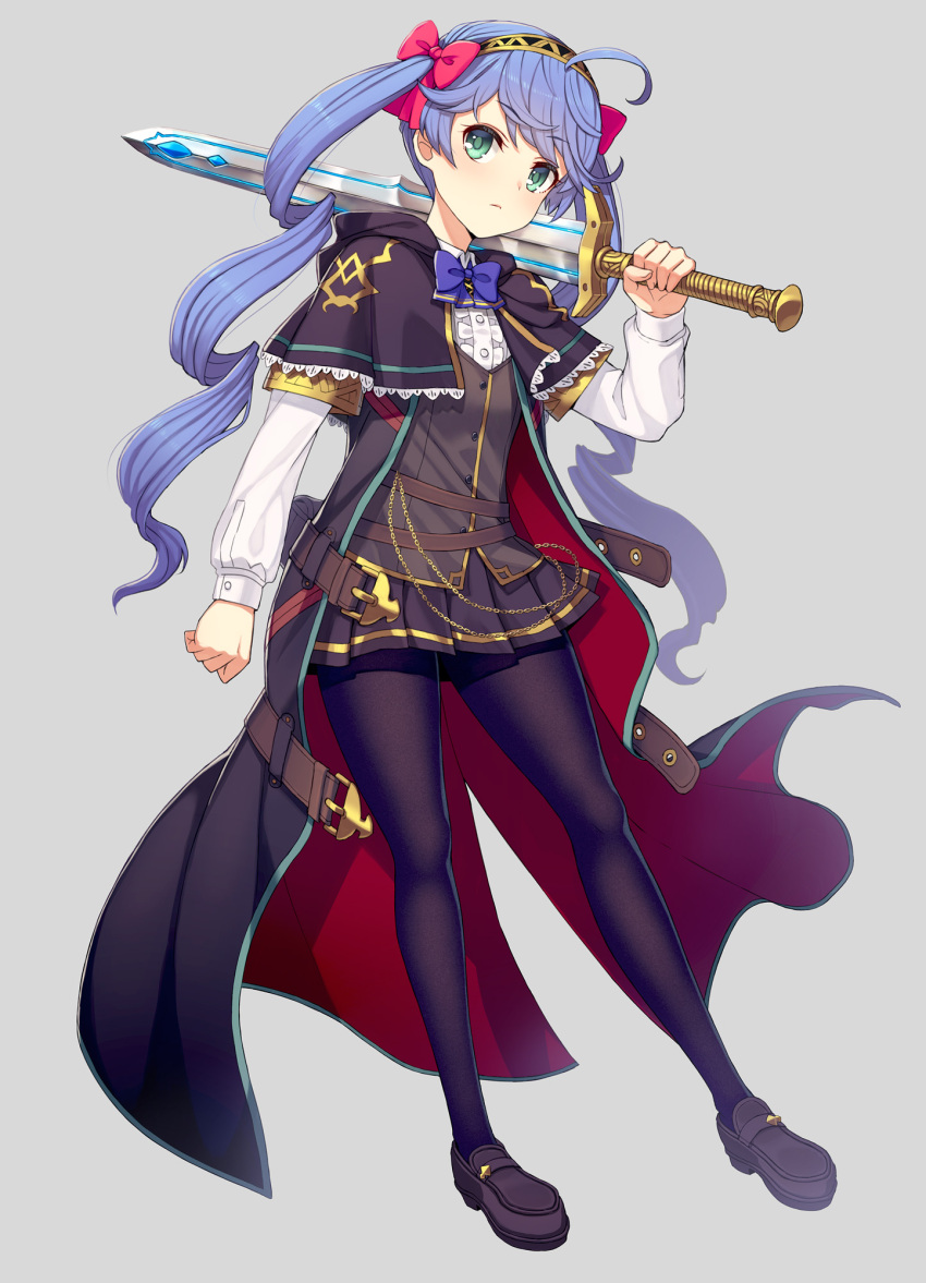 1girl ahoge capelet cloak expressionless flat_chest full_body green_eyes hairband highres holding holding_sword holding_weapon itou_(onsoku_tassha) loafers long_hair looking_at_viewer original over_shoulder pantyhose purple_hair shoes skirt solo sword sword_over_shoulder twintails weapon weapon_over_shoulder