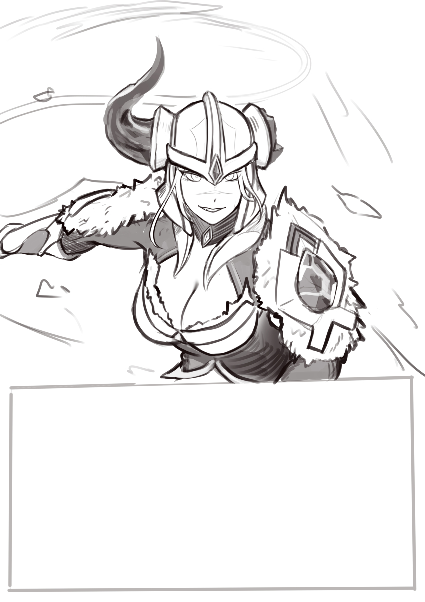 1girl absurdres armor breasts broken_horn cel_da_lin cleavage fur-trimmed_armor fur_trim greyscale grin helmet highres horns large_breasts league_of_legends long_sleeves monochrome parted_lips scar scar_on_face scar_on_nose sejuani shoulder_plates single_horn smile solo teeth upper_body