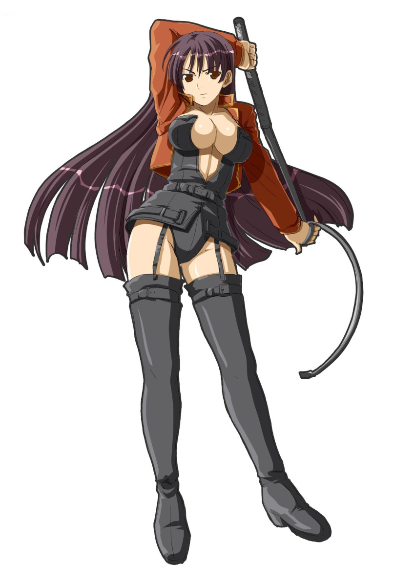 boots breasts cleavage cropped_jacket garter_straps highres hoshigami jacqueline large_breasts long_hair purple_hair red_eyes solo takamichi thigh_boots thighhighs very_long_hair whip