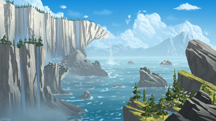 bird blue_sky cloud commentary day english_commentary flock landscape mountain mountainous_horizon nature no_humans ocean original painterly relaxing rock sky tree water waterfall wopgnop