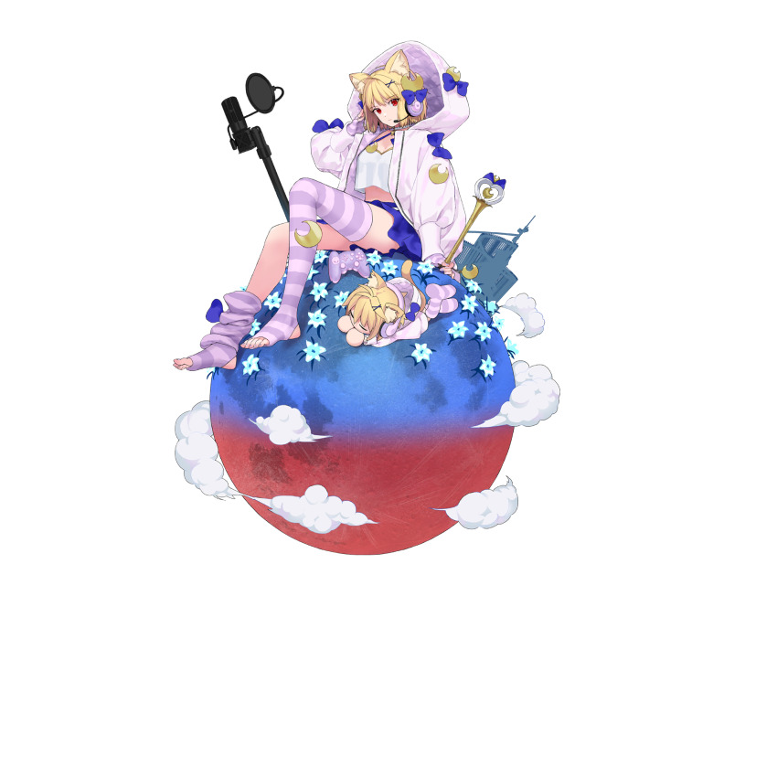 2girls ahoge animal_ears arcueid_brunestud asymmetrical_legwear blonde_hair blue_flower blue_moon blue_skirt bow cat_ears cat_tail chibi cloud controller crescent crescent_hair_ornament crop_top fate/grand_order fate_(series) fingerless_gloves flower full_body full_moon game_cg game_controller gloves hair_ornament hairclip headphones highres holding holding_wand hood hooded_jacket jacket long_sleeves looking_at_viewer microphone_stand moon multiple_girls neco-arc official_art on_moon open_clothes open_jacket phantas-moon phantas-moon_(second_ascension) purple_socks red_eyes red_moon short_hair sitting skirt socks striped_clothes striped_socks tachi-e tail takenashi_eri third-party_source toeless_legwear transparent_background wand