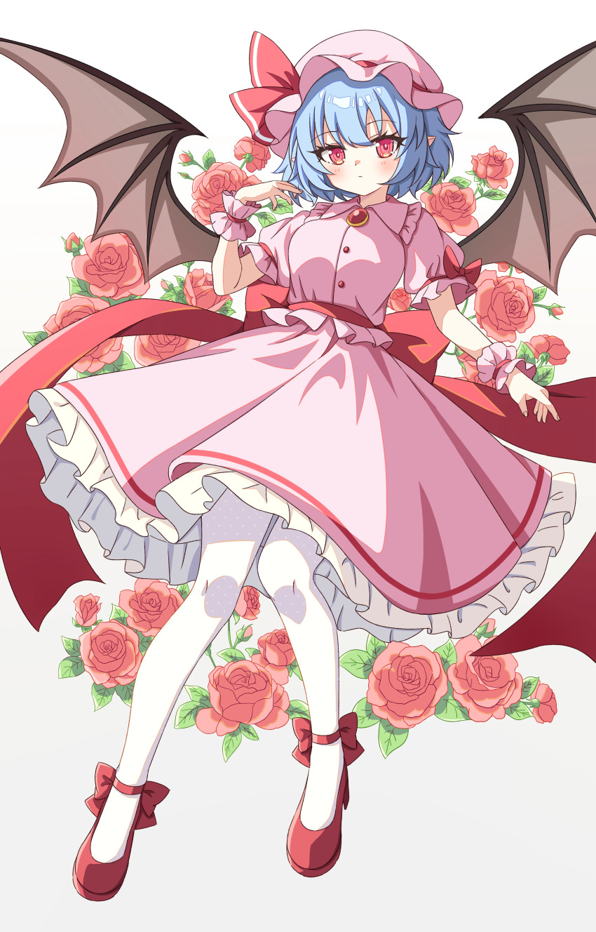 1girl absurdres back_bow bat_wings blue_hair blush bow breasts chinese_commentary closed_mouth collared_shirt commentary_request flower frilled_shirt_collar frilled_skirt frills grey_background hat hat_ribbon highres large_breasts looking_at_viewer mob_cap pantyhose pink_hat pink_shirt pink_skirt pointy_ears puffy_short_sleeves puffy_sleeves red_bow red_brooch red_eyes red_flower red_ribbon red_rose red_shoes remilia_scarlet ribbon rose setteiset shirt shoes short_sleeves simple_background skirt sleeve_bow solo touhou white_pantyhose wings wrist_cuffs