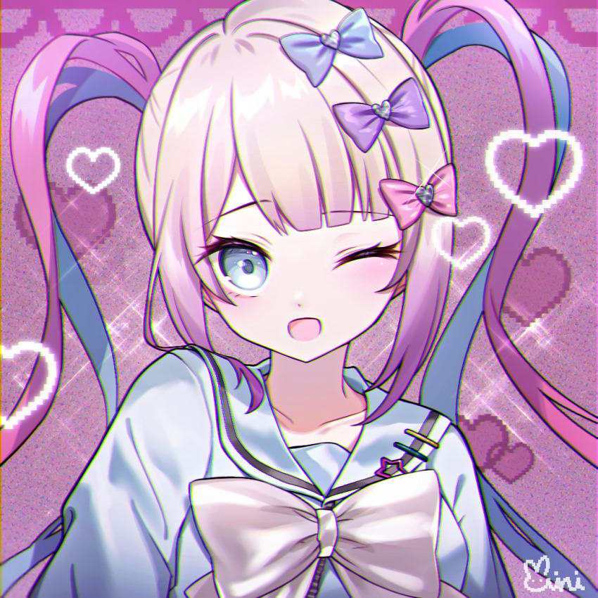 1girl ;d blue_bow blue_eyes blue_hair blue_sailor_collar blue_shirt bow brown_hair chouzetsusaikawa_tenshi-chan danby_merong hair_bow heart looking_at_viewer multicolored_hair needy_girl_overdose one_eye_closed open_mouth pink_bow pink_hair pixelated purple_bow sailor_collar school_uniform serafuku shirt signature smile solo twintails two-tone_hair upper_body white_bow
