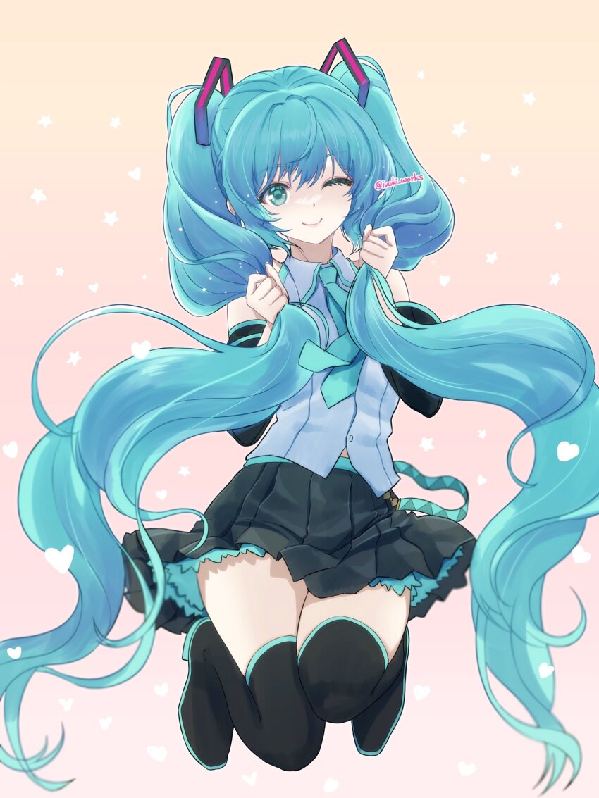 1girl absurdly_long_hair arms_up artist_name big_hair black_skirt black_thighhighs blue_hair blue_necktie c: closed_mouth eyelashes green_eyes hashtag-only_commentary hatsune_miku highres holding holding_own_hair ivuki long_hair necktie one_eye_closed pleated_skirt skirt smile solo thighhighs twintails twitter_username very_long_hair vocaloid