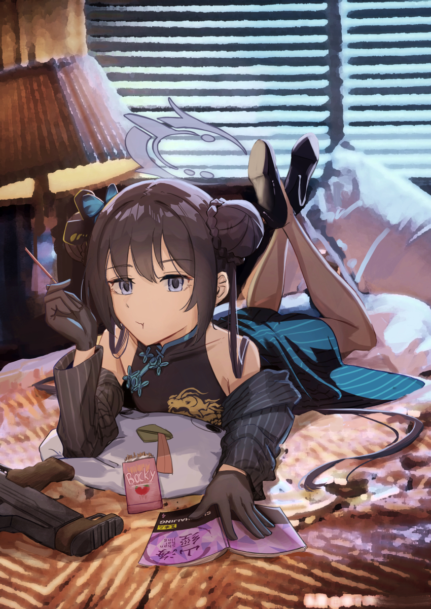 1girl absurdres assault_rifle bedroom black_coat black_dress black_footwear black_gloves black_hair blue_archive book brand_name_imitation butterfly_hair_ornament china_dress chinese_clothes coat collarbone commentary cs/ls06 denazgor desk_lamp double_bun dress eating food foot_up gloves grey_eyes gun hair_between_eyes hair_bun hair_ornament halo high_heels highres holding holding_food indoors kisaki_(blue_archive) lamp lampshade long_hair long_sleeves looking_at_viewer lying on_bed on_pillow on_stomach open_clothes open_coat package parody peroro_(blue_archive) pocky pulp_fiction rifle sidelocks sleeveless solo stuffed_chicken twintails weapon window window_shadow